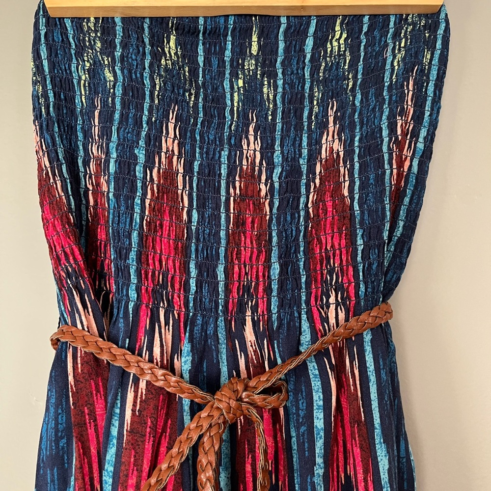 MUDD Y2K Maxi Smocked Strapless Dress Ikat Geometric Boho Flowy Braided Belt S